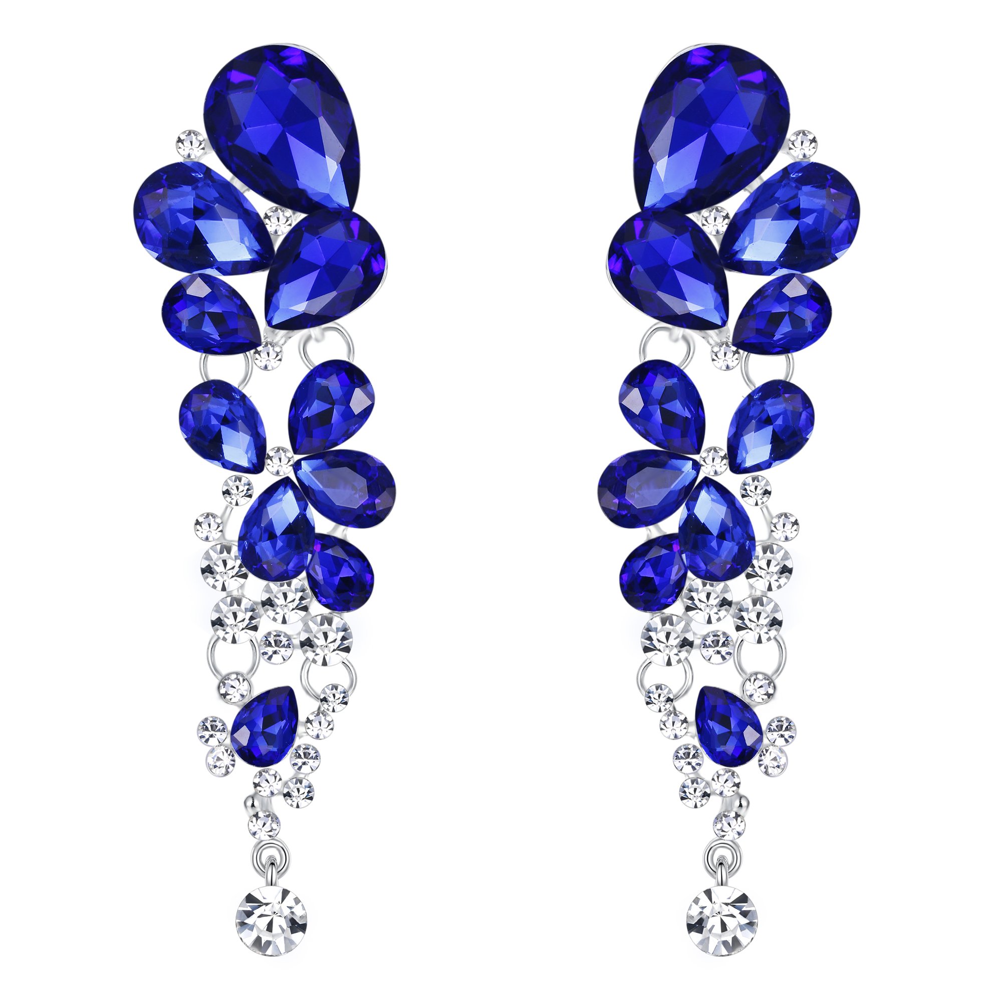 EVER FAITH Women's Crystal Wedding Elegant Cluster Teardrop Dangle Pierced Earrings Blue Silver-Tone — image 1