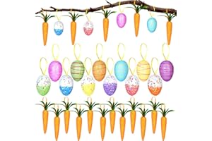 VPCRT6 Easter Egg Ornaments and Carrot Hanging Ornaments Set Include 12 Pcs Colorful Spring Easter Hanging Egg 12 Pcs Premium Foam Glitter Artificial Carrots Easter Tree Decorations Home Party DIY Crafts