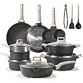 CAROTE 21pcs Pots and Pans Set Nonstick, Cookware Set Black Granite Induction Kitchen Cooking Set w/Frying Pans & Saucepans(PFOS, PFOA Free)