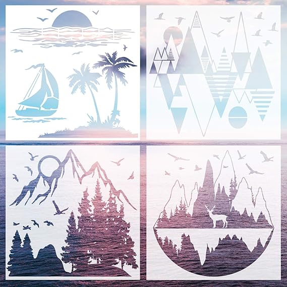 4 Pieces Forest Landscape Stencils, Mountains and Rivers Theme