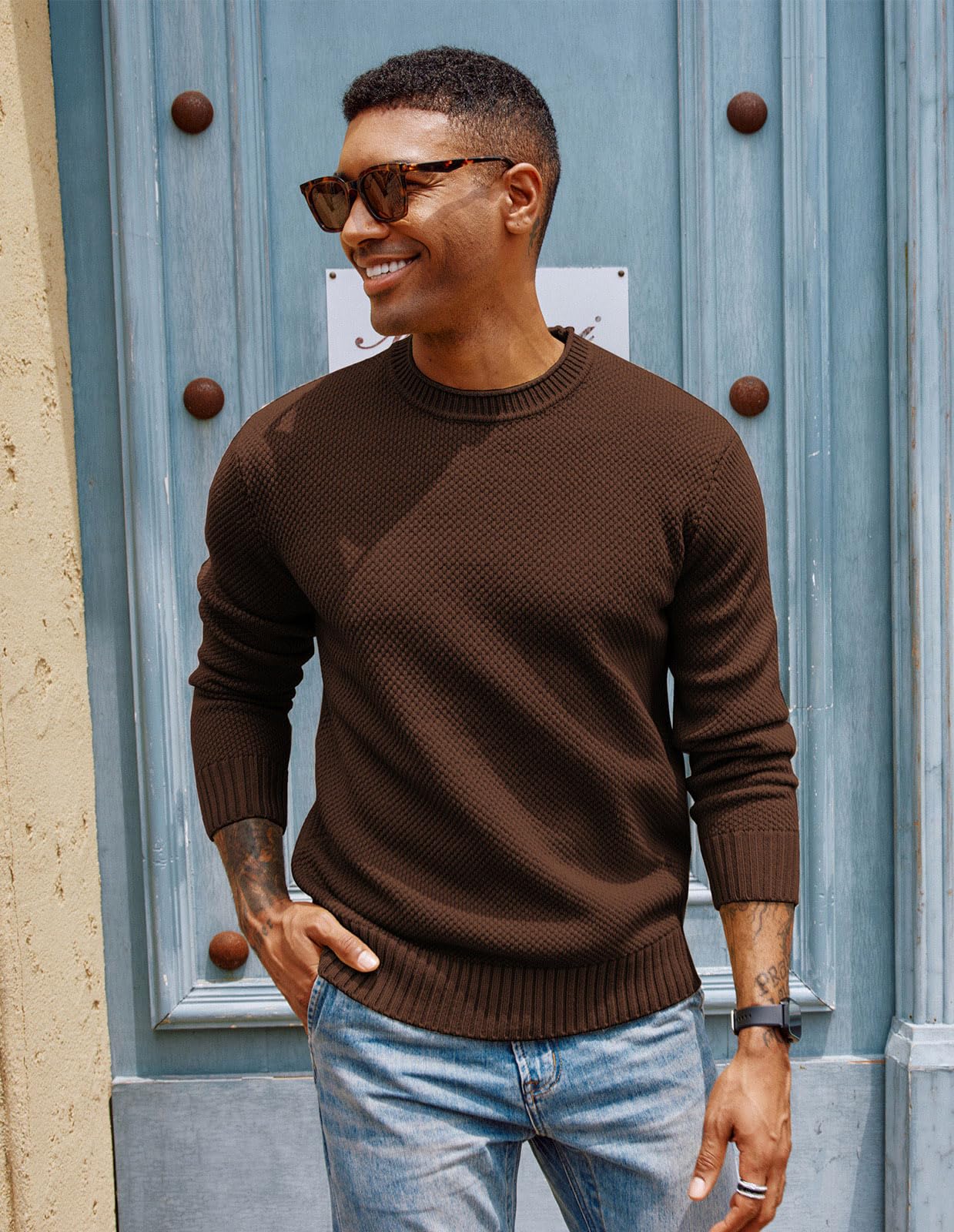 PJ PAUL JONES Herren Feinstrick Pullover Regular Fit Langarm Gerippte Mode Zopfstrickpullover (Dunkelbraun, L) 4