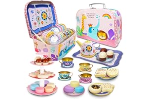 Hummigoo Tea Set for Little Girls, Pretend Tea Party Set for Kids Age 3 4 5 6 7 8 9, Kids Kitchen Pretend Play Tin Tea Set with Carrying Case and Food Dessert Playset for Girls Princess Boys