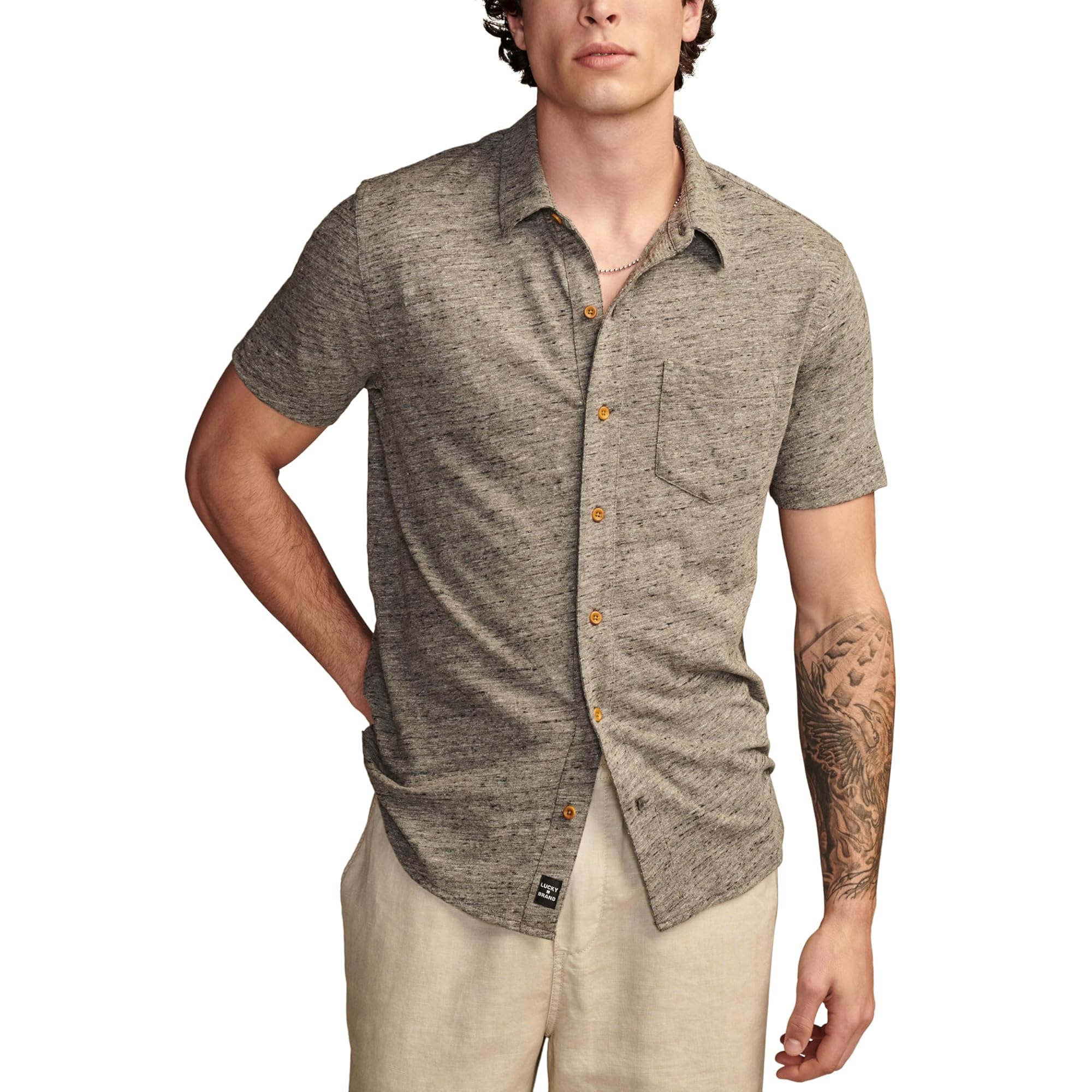 Lucky Brand Men’s Linen Short Sleeve Button UP Shirt, Heather Grey