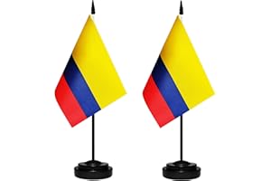 BCLIN Colombia Desk Flag Set, 2 Pack Colombian Table Office Flags, Small Mini Desktop Flag With 12" Solid Black Pole, Black Base, Miniature Desktop Flag