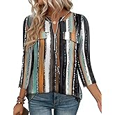 LOMON 3/4 Length Sleeve Womens Tops Business Casual Zip Front V Neck Shirt Loose Fit Work Tunic Blouse