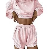 Kistore Womens 2 Piece Pajama Sets Long Sleeve Top and Shorts Sleepwear Pjs Lounge Matching Split Short Sets