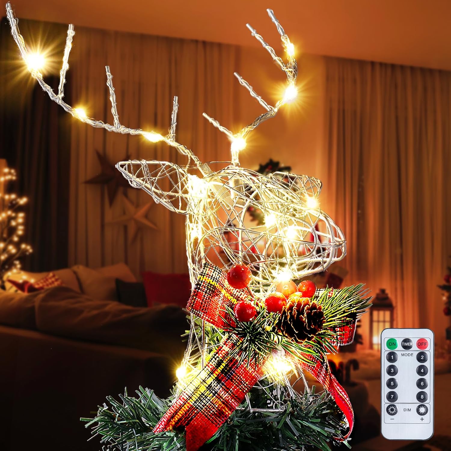 Tree Toppers - OHOBABY Christmas Tree Topper - 9.8 inch LED Lighted Reindeer Tree Topper with Remote Control, Battery Operated Light Up Xmas Tree Toppers for Christmas Holiday Indoor Home Party Decorations, Silver
