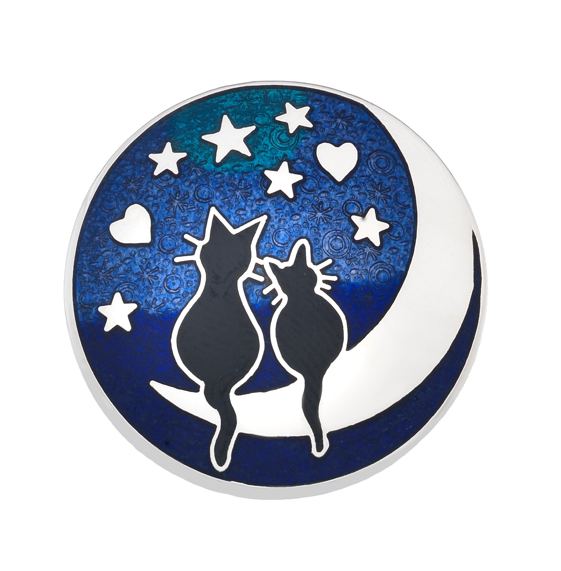 Celtic Lands Silver Tone Blue Enamel Black Cats on The Moon Round Brooch