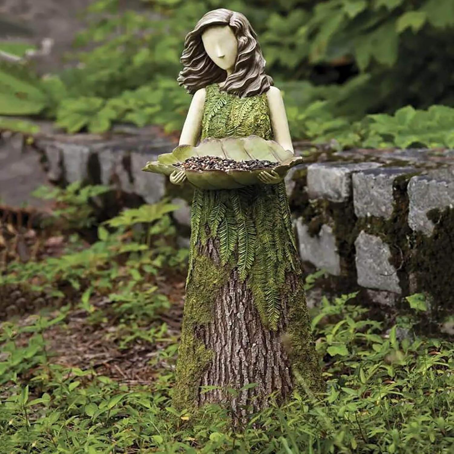 Sherwood Fern Fairy Statuary with Bird Feeder,Lawn Ornaments Outdoor Garden Figures Statues for Nature Lovers,Spring Goddess Garden Sculptures And Statues Yard Art Decorations-Green 27x11x11cm(10.6x4x