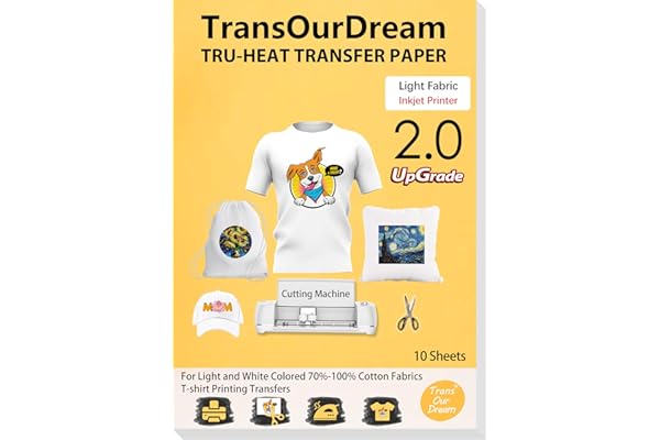 TransOurDream Tru-Iron on Heat Transfer Paper for Light Fabric (10 Sheets, 8.5x11", 2nd Generation) Iron-on Transfers Paper f