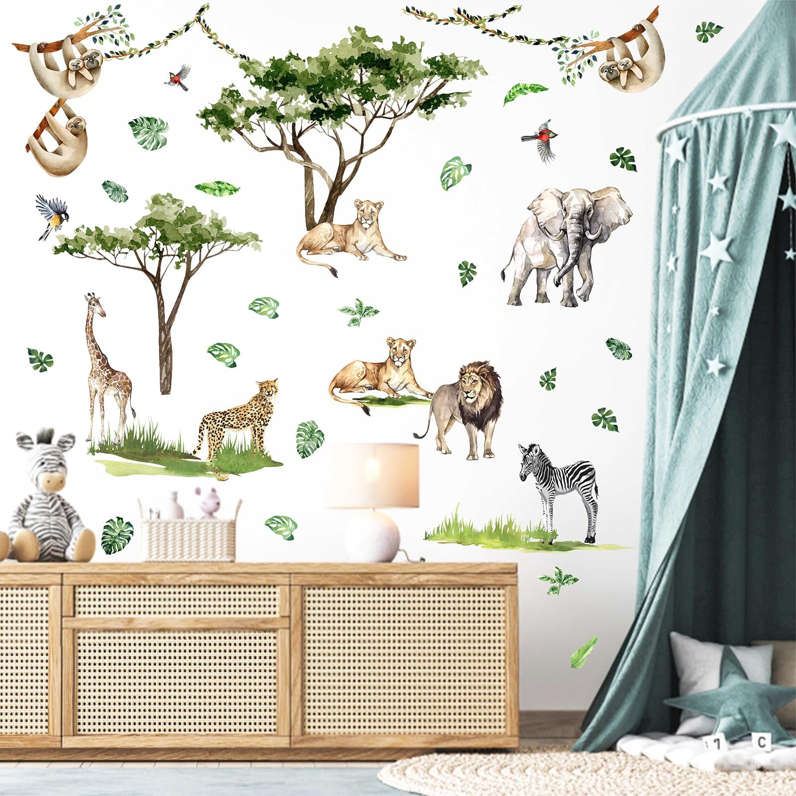 MOSITU Watercolour Safari Animal Wall Decals 52 Pcs 1 Sheet Jungle Animal Stickers Peel and Stick Removable Giraffe Zebra Lion Elephant Tree for Nursery Kids Bedroom Playroom