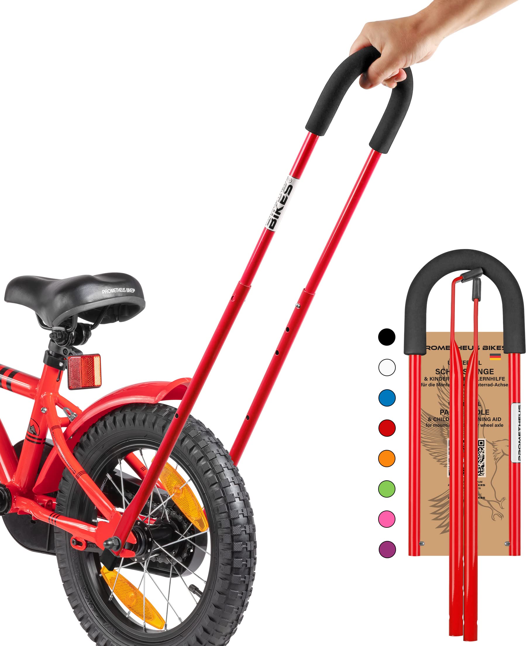 Prometheus Bicycles Bicycle Bar for Children's Bicycle, Push Bar, Children's Bicycle, Adjustable Push Bar, Bicycle Children, Axle Mounting, Red