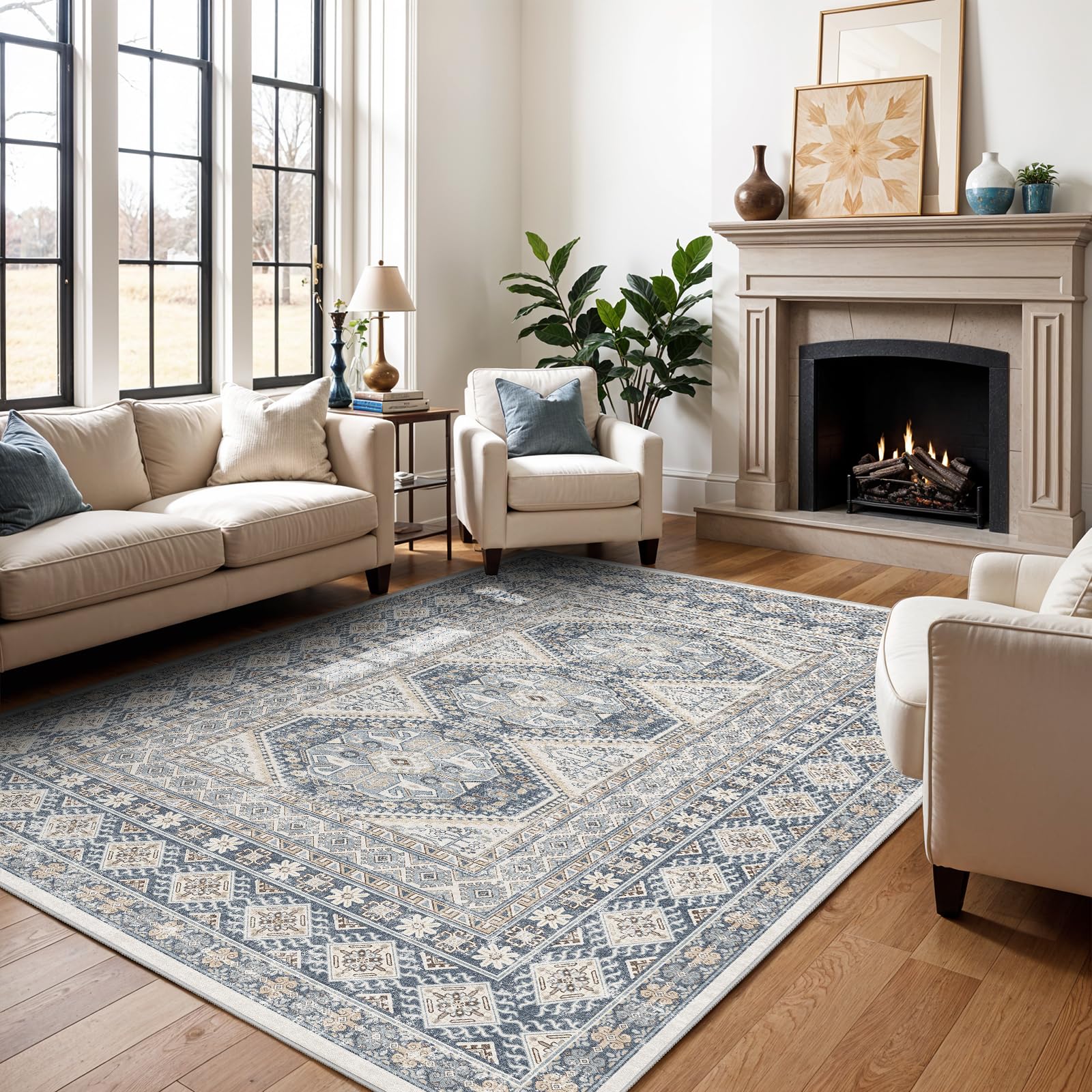 5x7 Area Rugs for Living Room:Washable Oriental Rug for Bedroom Dining Room Carpet 5 by 7 Indoor Non Slip Rubber Backing Neutral Nursery Dorm Home Office Kids 5X7 Blue Image
