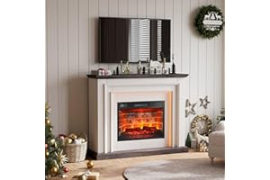 BOSHIRO 44 Inches LED Lights Electric Fireplace with Mantel, Tall Fireplace Heater Freestanding, Delicate Three-Dimensional molding with Remote Control Timer LED Flame for Living Room, Bedroom, White&Brown