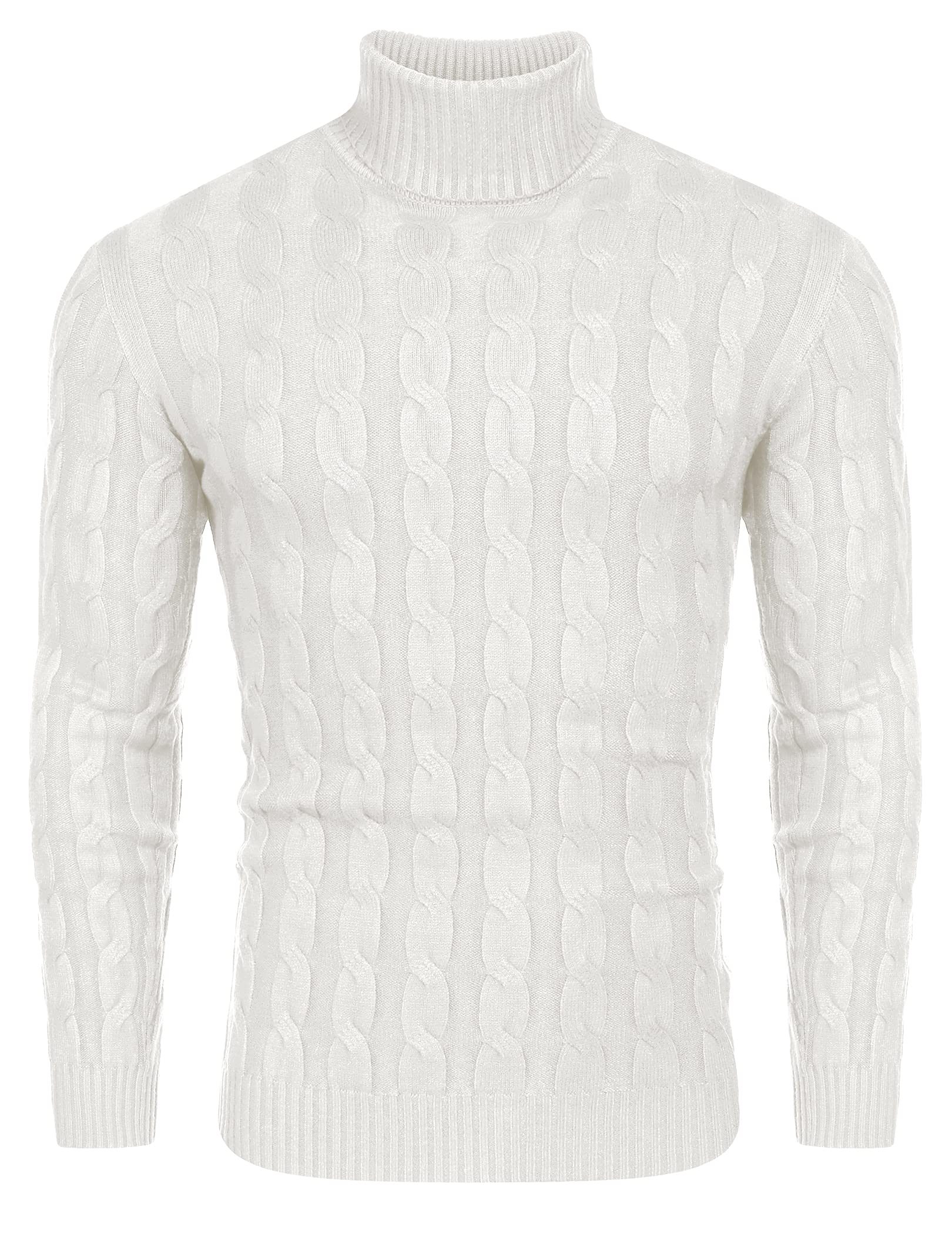 COOFANDY Herren Pullover Rollkragen Strickpullover Zopf Pullover Turtleneck Rollkragenpullover Warme Sweater Winter Basic Weiß L