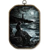 WUHSDIBC Moody Gothic Coastal Women Reading Octagon Wall Art Decor, Dark Academia Victorian Ocean Framed Canvas Art Prints, Bookish Wall Hanging Decor for Home Reading Room Library, 10.2x7 Inches