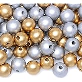 100 Wood Beads for Garlands, 16mm Gold and Silver Wooden Loose Beads for Crafts Making, Colorful Farmhouse Wooden Beads for Home Decor