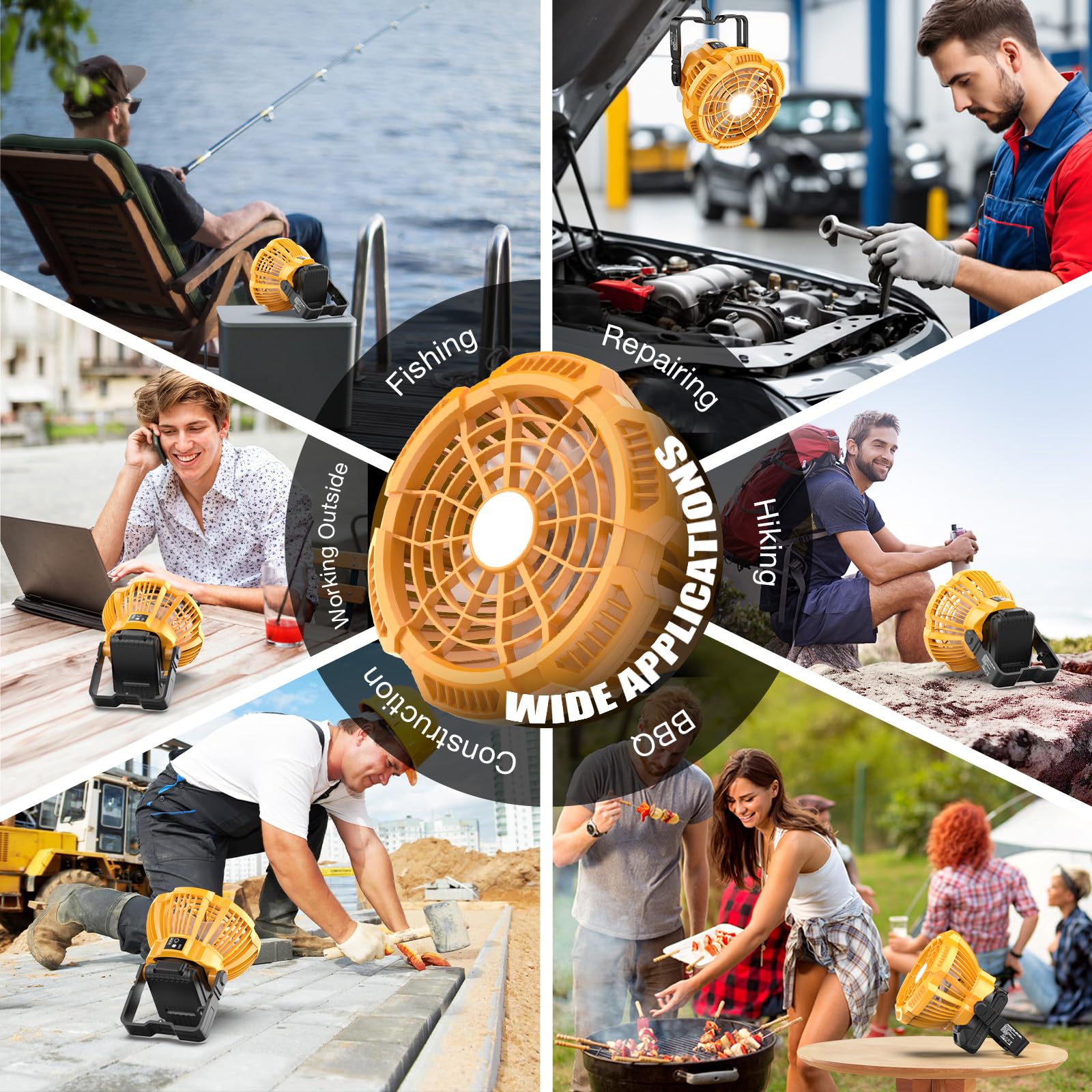Portable Fan for Dewalt 20V Max Li-ion Battery, Brushless Fan with 3-Speed Settings, LED Light, 3300 RPM, 180° Rotating Hanging Hook, Cordless fans for Jobsite, Camping fan for Tents(No Battery)
