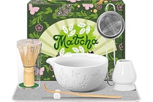 BANDICTION 7 PCS Matcha Set Ceramic Matcha Making Kit, Bamboo Whisk, Bowl With Spout, Powder Starter Sifter, Ceramic Whisk Holder, Tea Towel, Scoop and Scoop Rest Matcha Whisk Set for Matcha Lover White
