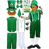 Leumoi 16 Pcs St. Patrick's Day Party Costume Include Leprechaun Hat with Beard Vest Suspender Shorts Bow Tie Shamrock Necklace Glasses Long Socks Gold Shoe Buckles Stickers for Irish Party Decoration