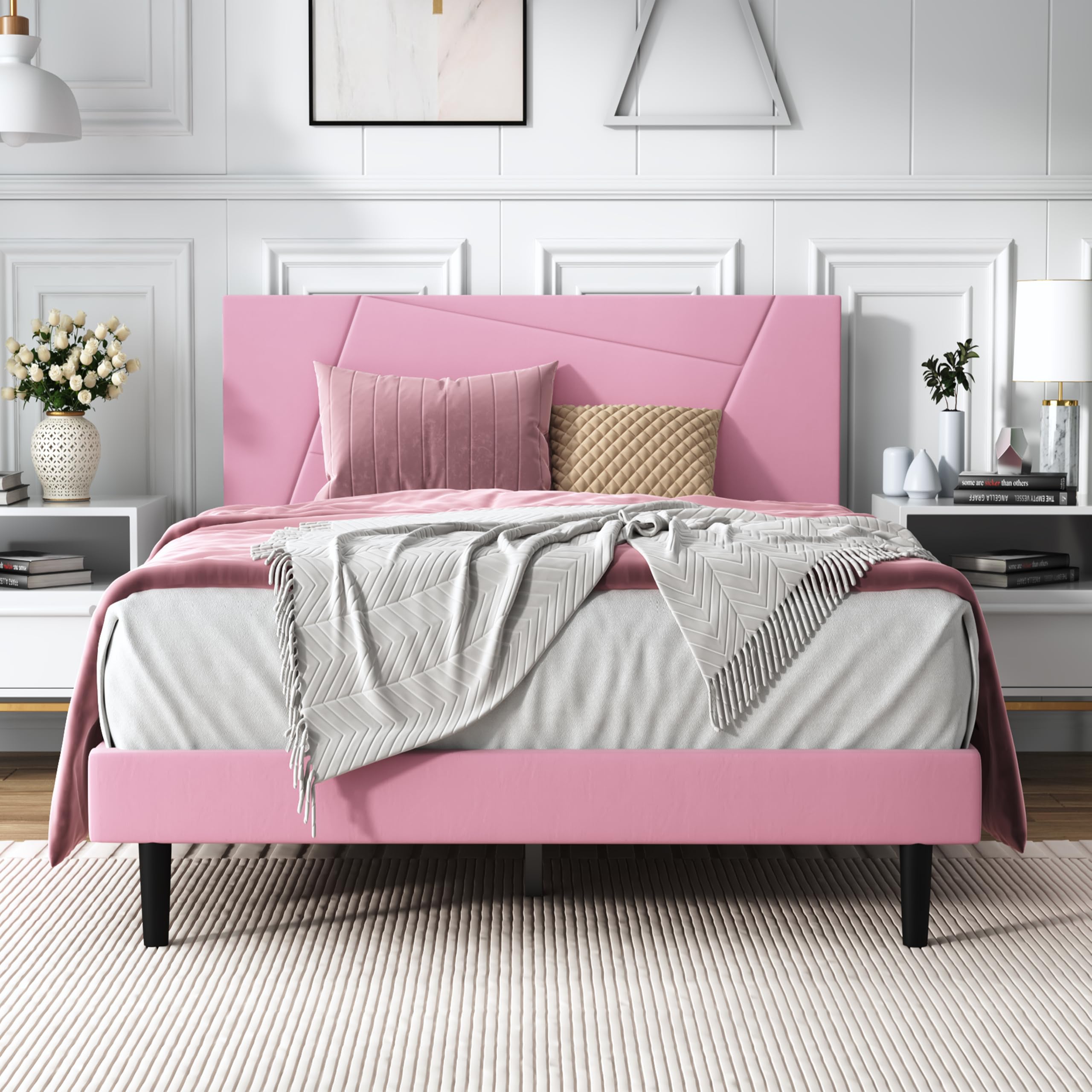 Photo 1 of IOILORI Full Size Bed Frame,Platform Bed Frame with Velvet Upholstered Headboard, Geometric, Sturdy Frame and Wooden Slats, Noiseless, No Box Spring Required, Easy to Assemble (Pink-New, Full)