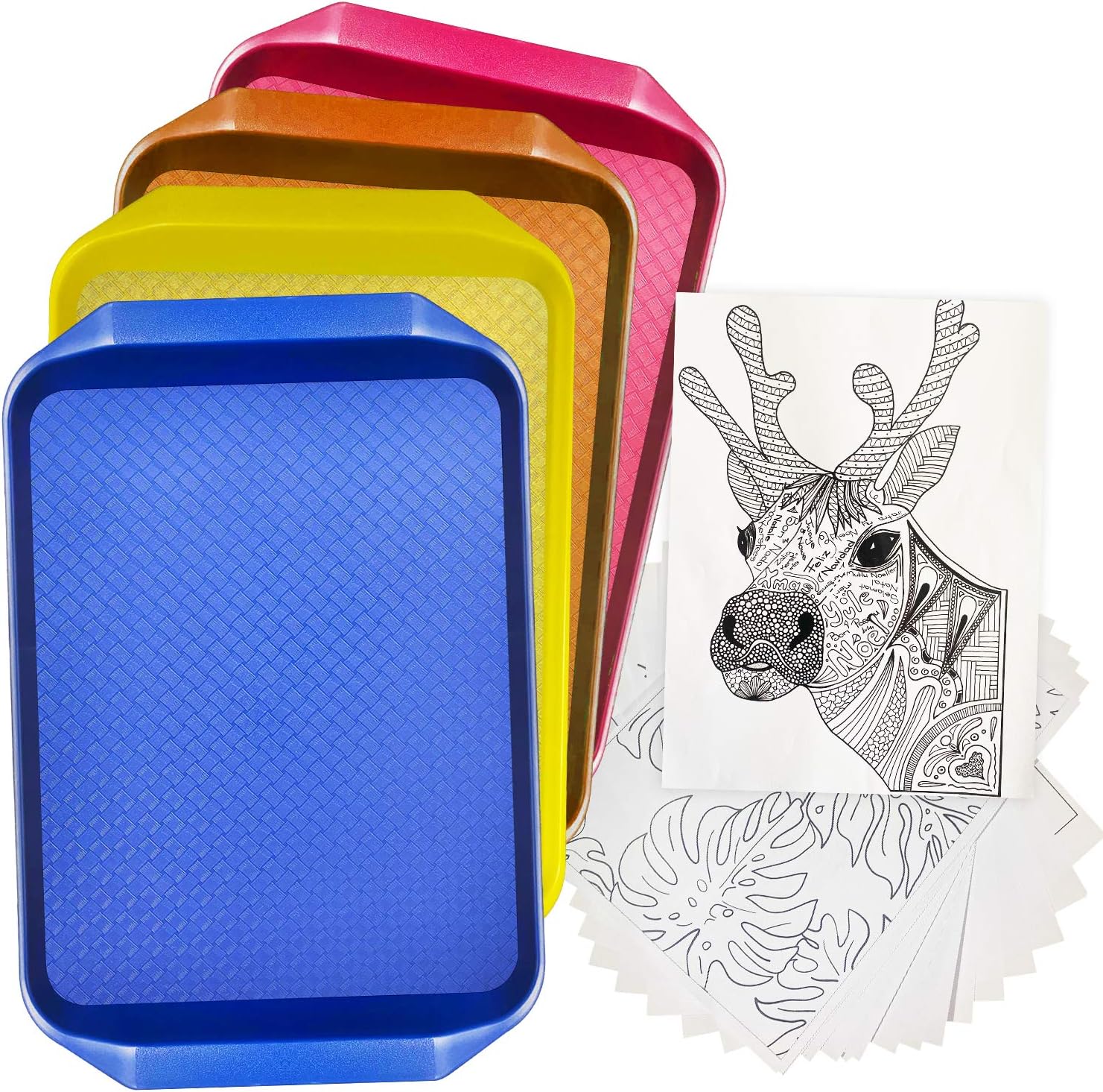 Set of 4 Kids Arts and Crafts Extra-Large Plastic Trays in Blue, Yellow, Pink and Orange Colors. Free Coloring Sheets included!