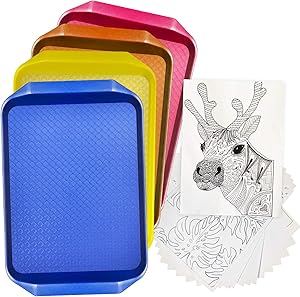 Set of 4 Kids Arts and Crafts Extra-Large Plastic Trays in Blue, Yellow, Pink and Orange Colors. Free Coloring Sheets included!