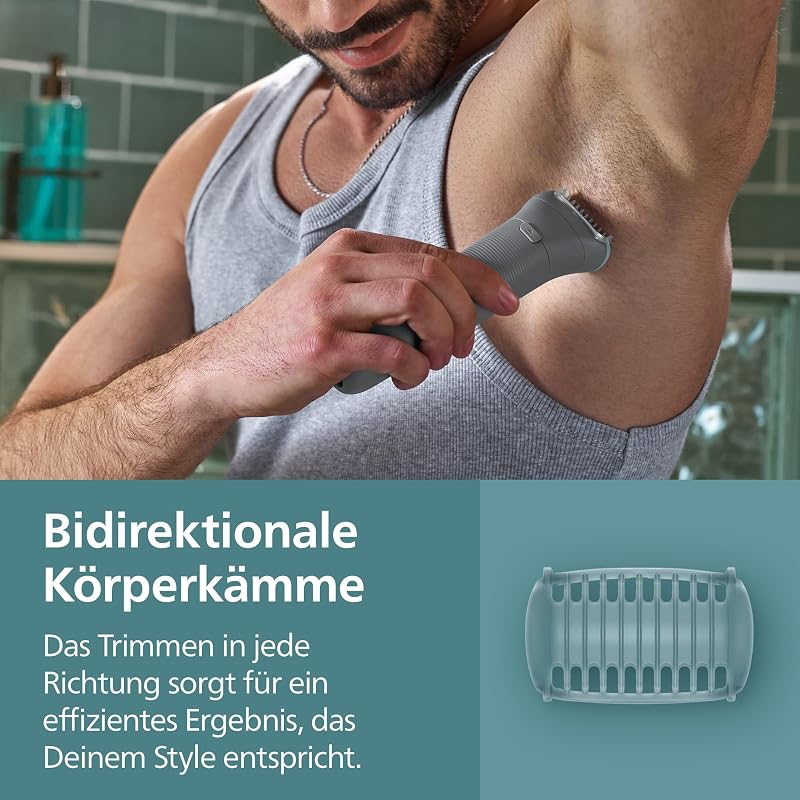 Bodygroom 3000er-Serie – Herrentrimmer mit Dreifachschutz-Rasiersystem, trimmen und rasieren im Intimbereich, hautnah und besonders schonend, 100% duschfest, 80 Min. Laufzeit, BG3480/15