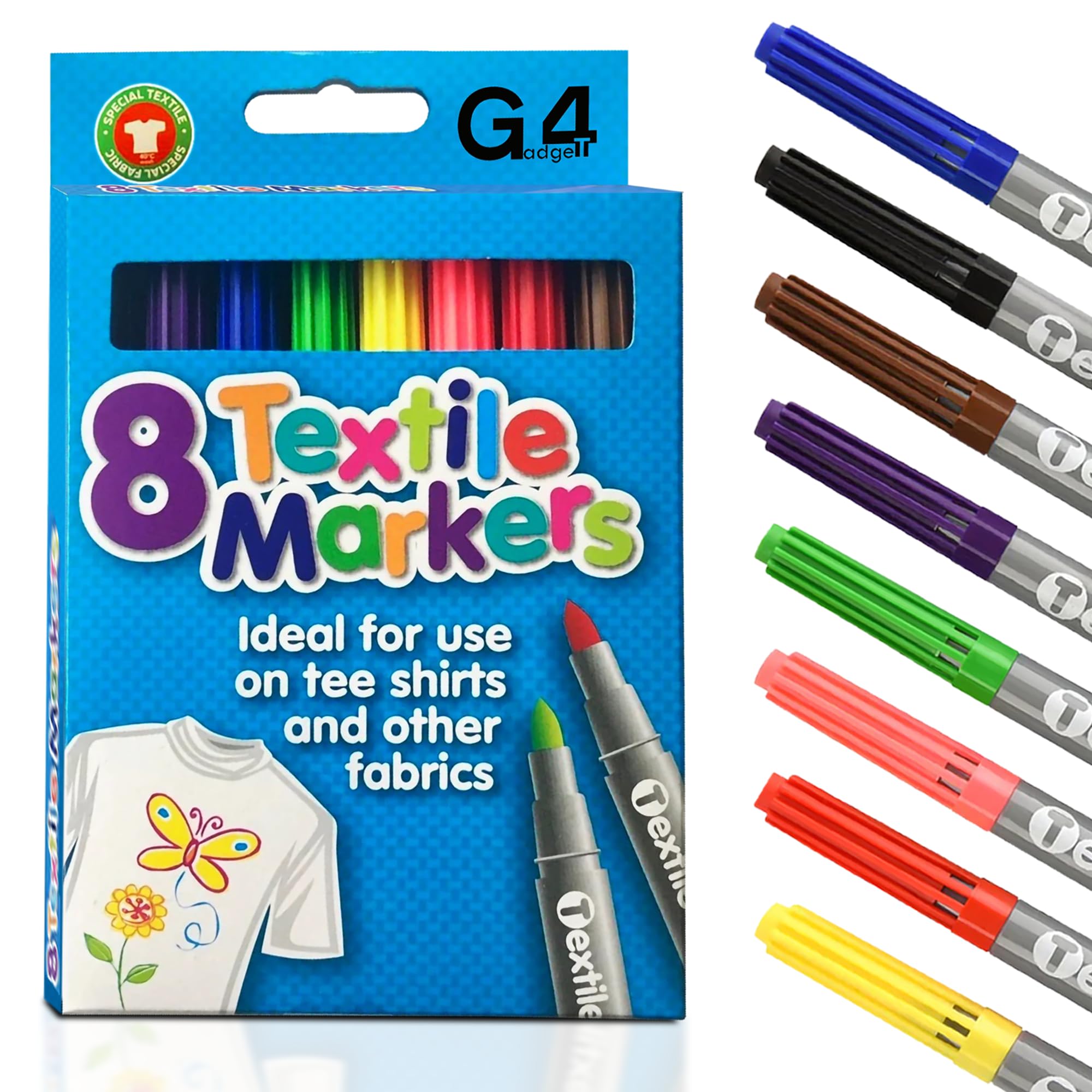 G4GADGET Pack of 8 Quality Colored Fabric Markers T Shirt Pens Fabric Pens Marker Pen Textile Markers 4.8mm Bullet Tips