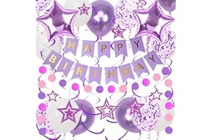 DOUVELUE Purple Birthday Decorations, Happy Birthday Banner and Purple Star Balloons, Glitter Hanging Stars with Hanging Swirls, Circle Dot Paper Garland, for Women Girls Party Decoration