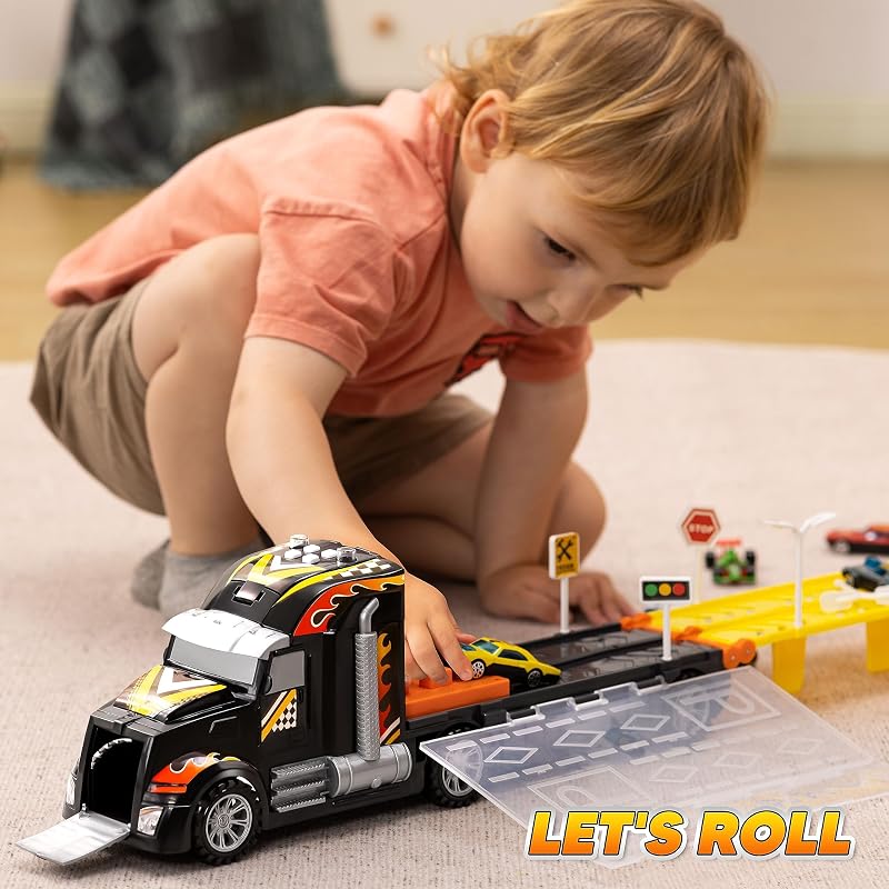 Camiones Juguete para Niños, 12 Vehículos de Juguete de Metal Fundido a presión con 2 lanzadores, Juguete Plegable Street Racer con Luces y Sonidos, Regalo para niños de 3 años en adelante