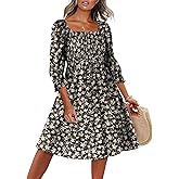 Caracilia Women 3/4 Sleeve Square Neck 2026 Summer Fall Wedding Guest Floral Smocked Casual Boho Midi Dresses