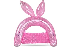 POZA Inflatable Bunny Pool Float Chair - Sparkle Confetti Lounge Inflatable Pool Floats, 2 Built in Cup Holders and Handles, Bunny Ears Inflatable Pool Lounger Floating Chair - 48x38 Inch