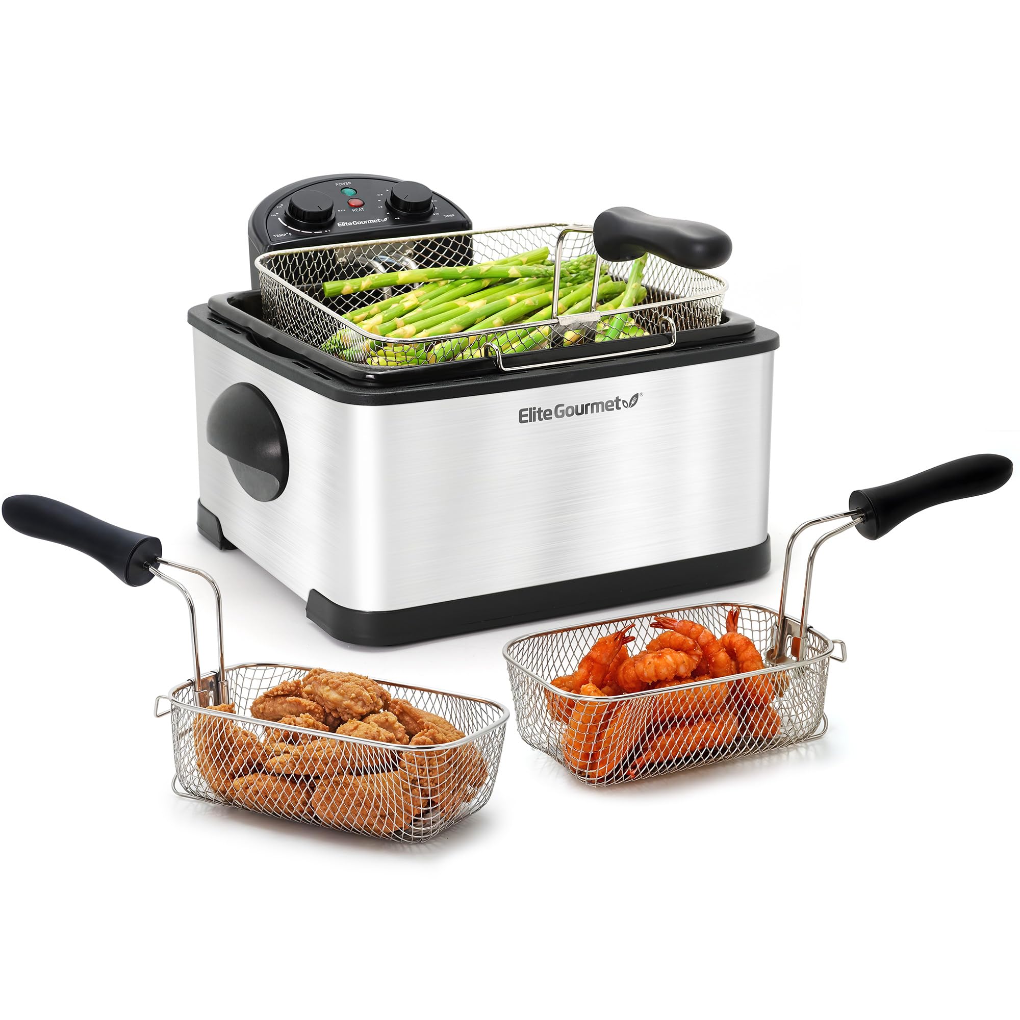 Elite Gourmet EDF-401TXB Electric 4.5 Qt. / 17 Cup Immersion Deep Fryer 3-Baskets, 1700-Watt, Timer Control, Adjustable Temperature, Lid with Viewing Window and Odor Free Filter Image