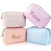 SilTriangle 4 Pcs Large Seersucker Cosmetic Bag Mother's Day Gifts for Women Embroidered Letters Preppy Makeup Bag with Zipper Aesthetic Striped Travel Toiletry Pouch for Cosmetics Brushes Skincare