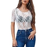 Avidlove Mesh Top for Women Short Sleeve Crew Neck Fitted Top Solid & Floral Lace Tee Shirts