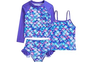 Funnycokid Girls Swimsuit 3 Pieces Long Sleeve Rash Guard Set Tankini Bathing Suits Summer Kids Swimwear 3-10 Years