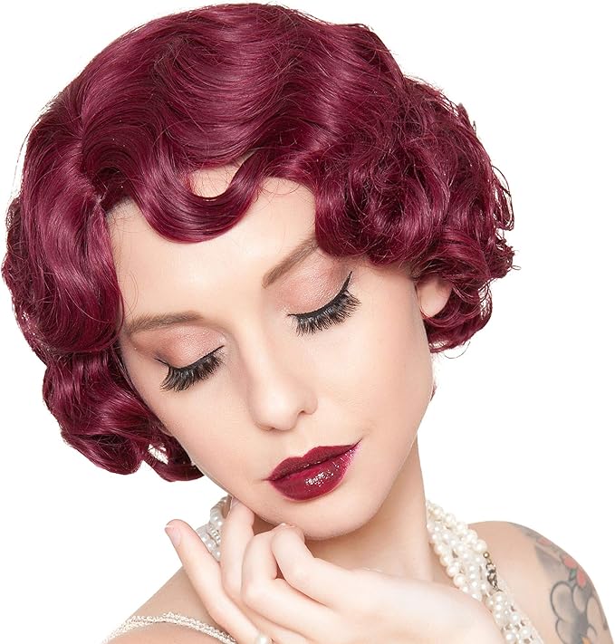 Rockstar Wigs Burgundy Finger Wave Flapper Wig, Halloween