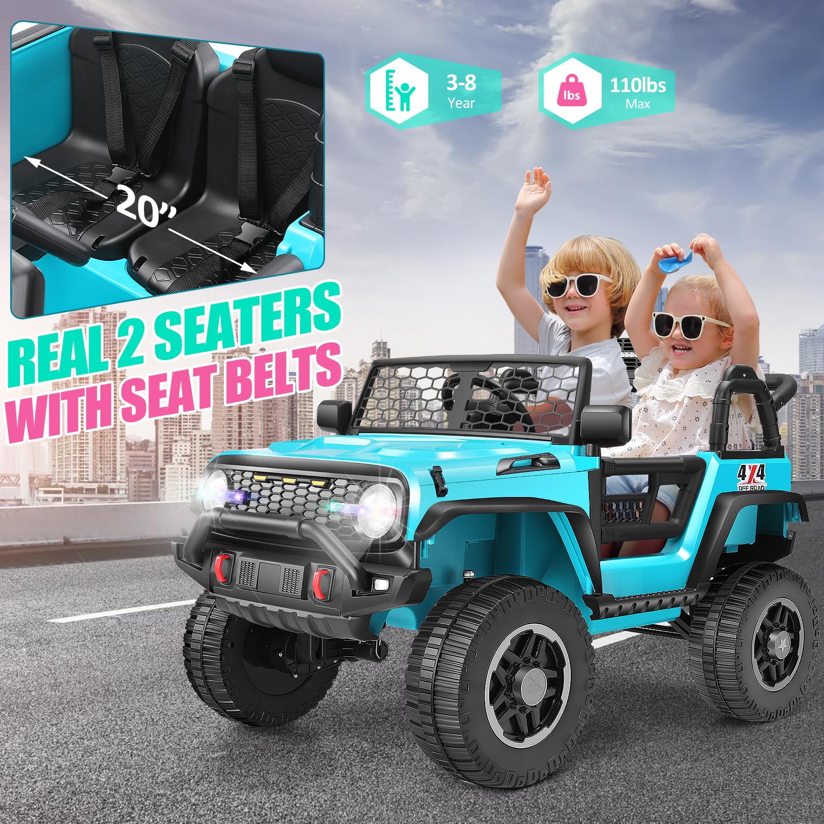 Hikole 24 Volt Ride on Car Toys with Remote Control, 4x100W Powerful Wheels, Electric Car for Kids 2 Seater for Kids Boys Girls Age 4-8, 5MPH Max Speed, LED Lights, 4*Suspension, Music Player, Blue