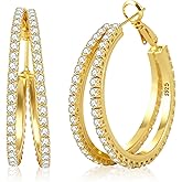 Senteria S925 Sterling Silver Hoop Earrings Hypoallergenic Silver Double Hoop Earring for Women Non Tarnish 14K Gold Plated Hoops with Cubic Zirconia Gold Double Hoops Earring for Women 25/30/40mm