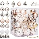 Christmas Tree Decorations, 65pcs Clear Plastic Shatterproof Christmas Ball Ornaments Set, Champagne Christmas Ornaments for Xmas Tree Hanging Decorations, Champagne/White