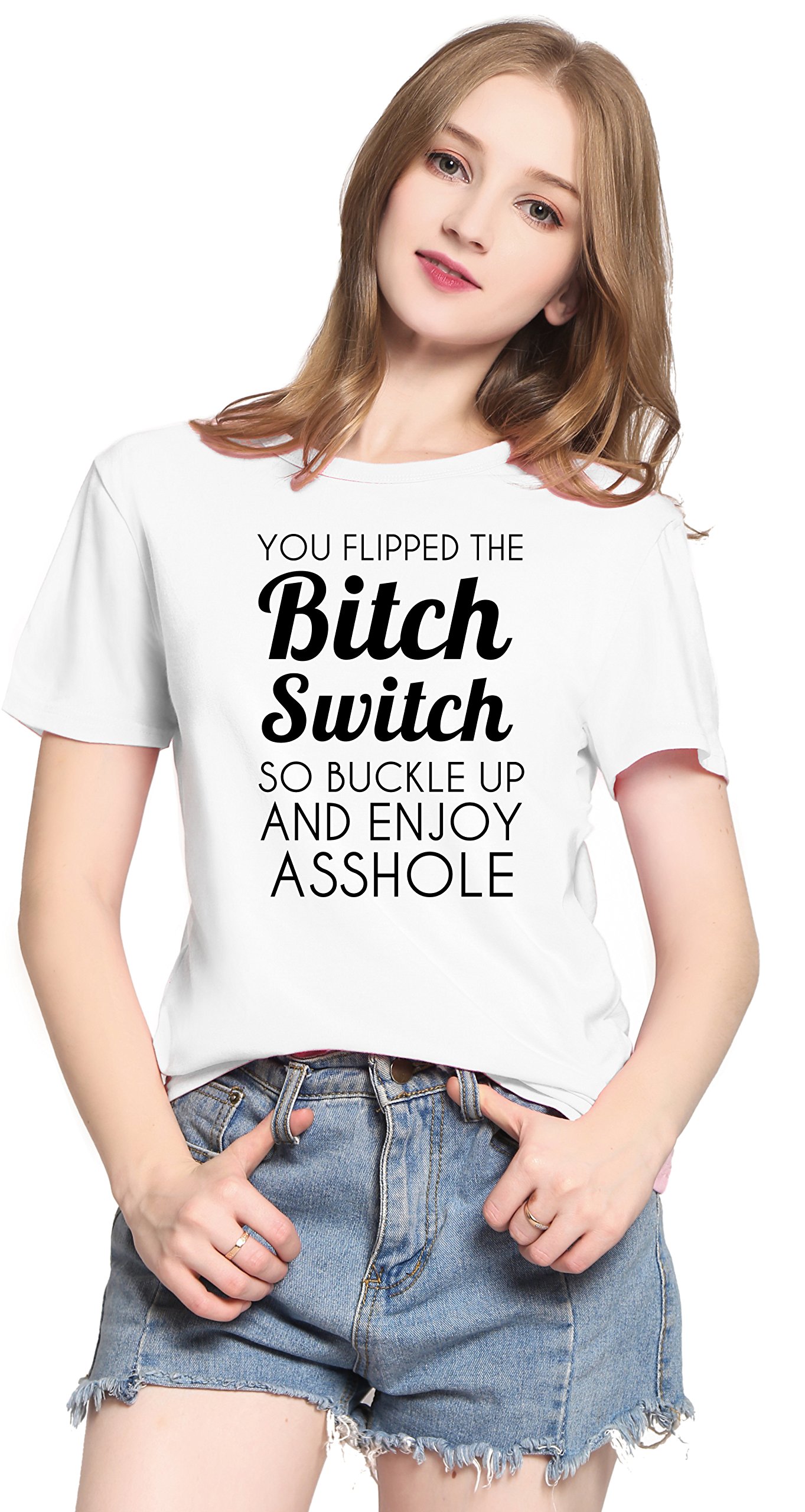 PINJIA Womens Cotton Letter Printed Pullover Tshirts Top Tees(MX15)(XXL,White Bitches Switch)