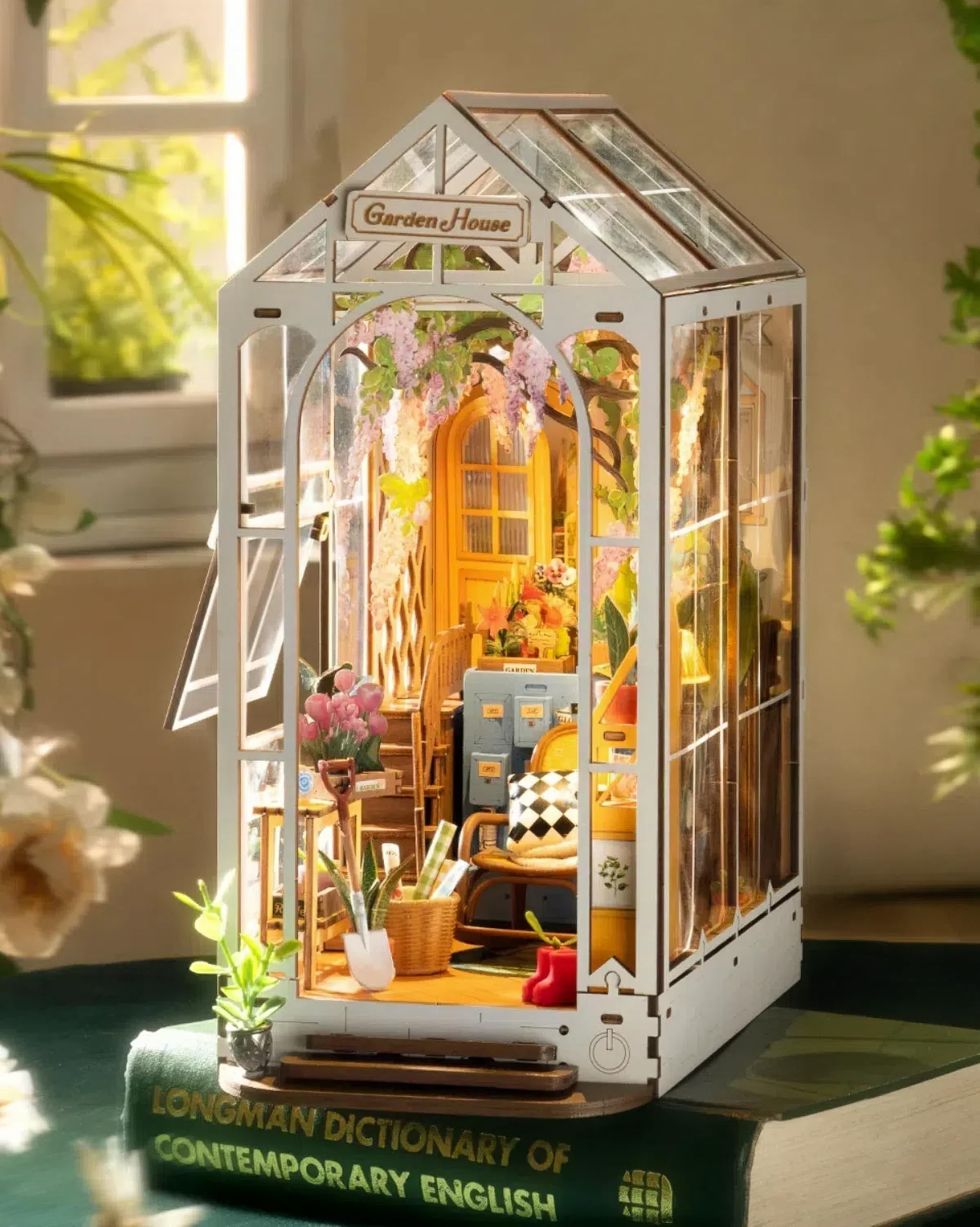 Rolife Book Nook Kits for Adults DIY Miniature Kit with Light for Desk Library Bookshelf Decoration 3D Wooden Puzzle Greenhouse Booknook Model Kits for Adults to Build Gifts for Women