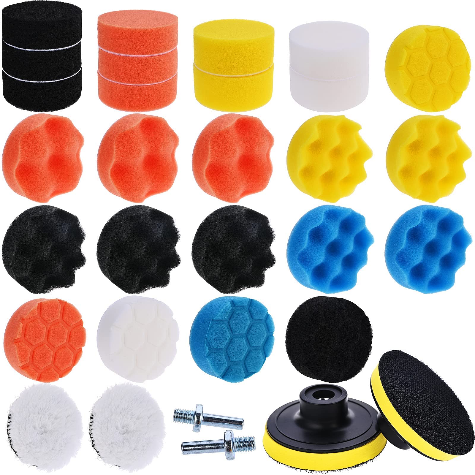 Faburo 31pcs Polishing Pads Sponge Wool Polishing Waxing Buffing Pads Kit for Auto Car Polishers, 27pcs Polishing Pads with 2pcs M10 Drill Adapters for Car Polishing, Sanding, Waxing