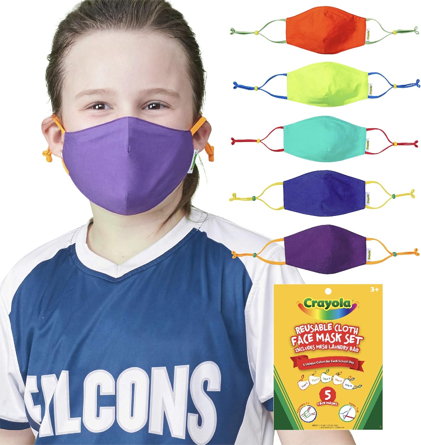 Crayola Kids Face Mask 5 Reusable Cloth Face Masks Set, Cool Colors