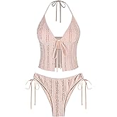 ZAFUL Tankini Swimsuits for Women Smocked Ruffles Tie Front Bowknot Textured High Cut Tanga Tankini Set