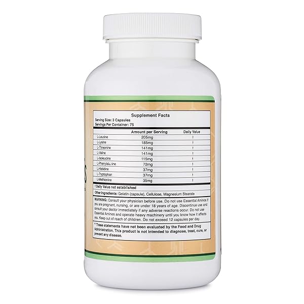 ESSENTIAL AMINO ACIDS – 1 GRAM PER SERVING POWDER BLEND OF ALL 9 ESSENTIAL AMINOS (EAA) AND ALL BRANCHED-CHAIN AMINOS (BCAAS) (LEUCINE, ISOLEUCINE, VALINE) 225 CAPSULES, GLUTEN FREE BY DOUBLE WOOD