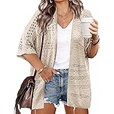 IN'VOLAND Plus Size Lightweight Crochet Cardigan for Women Short Sleeve Summer Kimonos Boho Open Front Knitted Cardigans