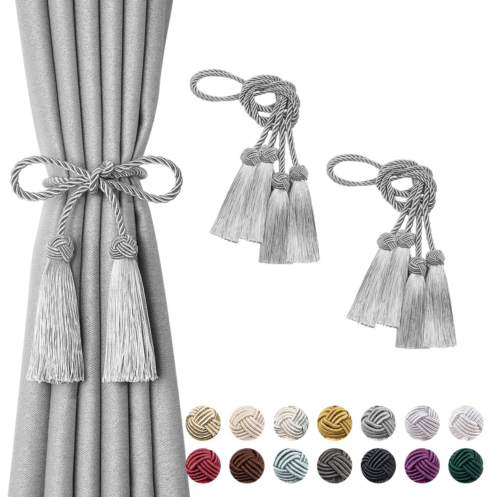 Pretty Jolly 4 Pack Double-ended Tassel Curtain Tiebacks Handmade Braided Rope Knot Drape Tie Backs European Style Decorative Curtain Holdbacks for Home & Office Window Drapery (Grey)