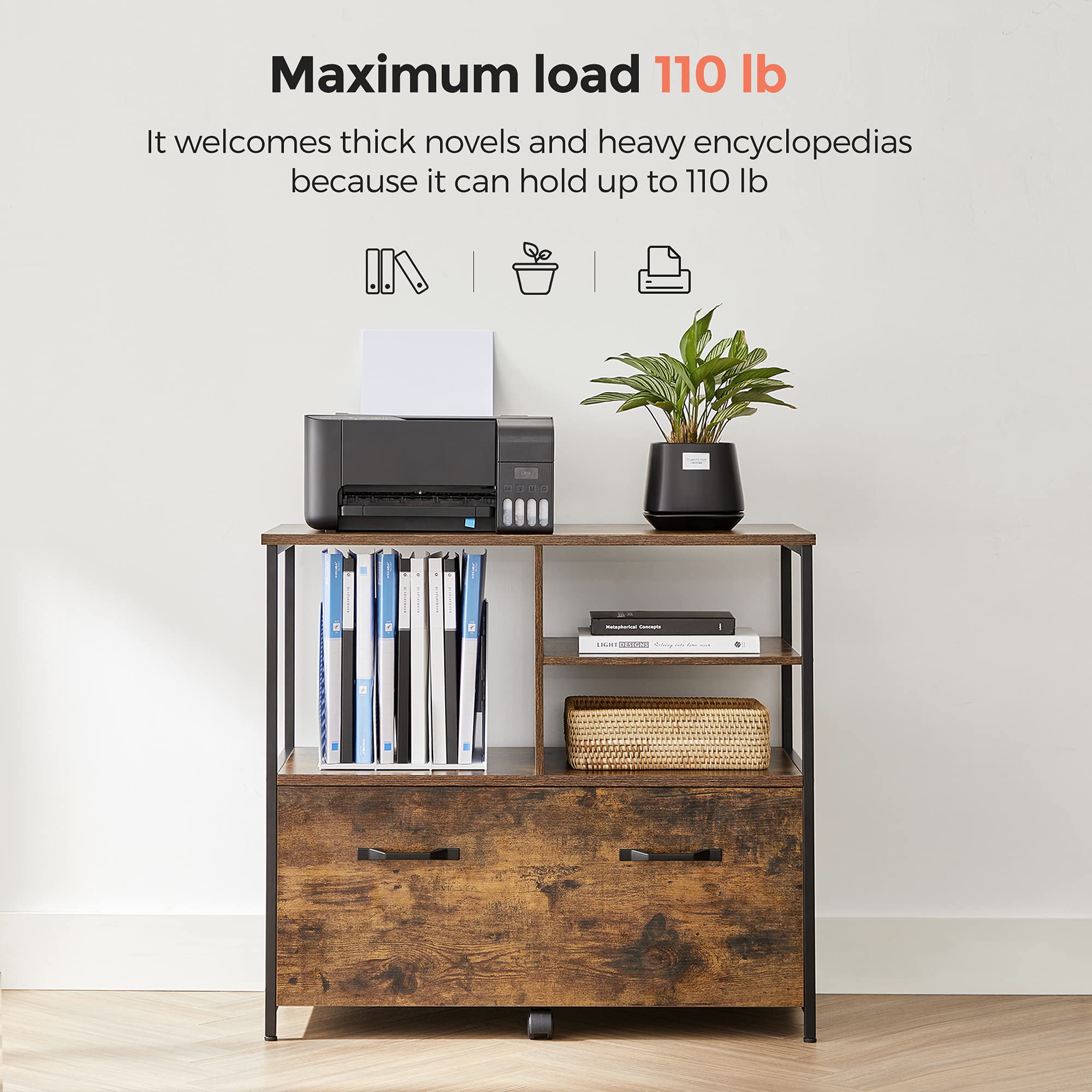 VASAGLE Lateral File Cabinet with Open Shelves and Drawer, for A4, Letter and Legal Sized Documents, Printer Stand, Rustic Brown + Black